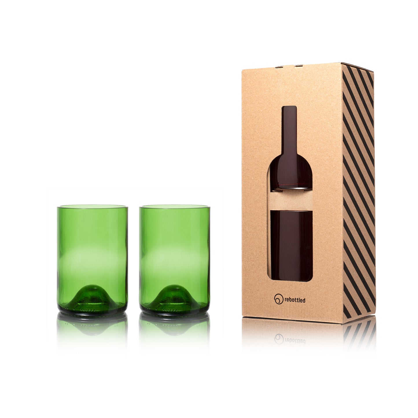 Rebottled sustainable drinking glasses green